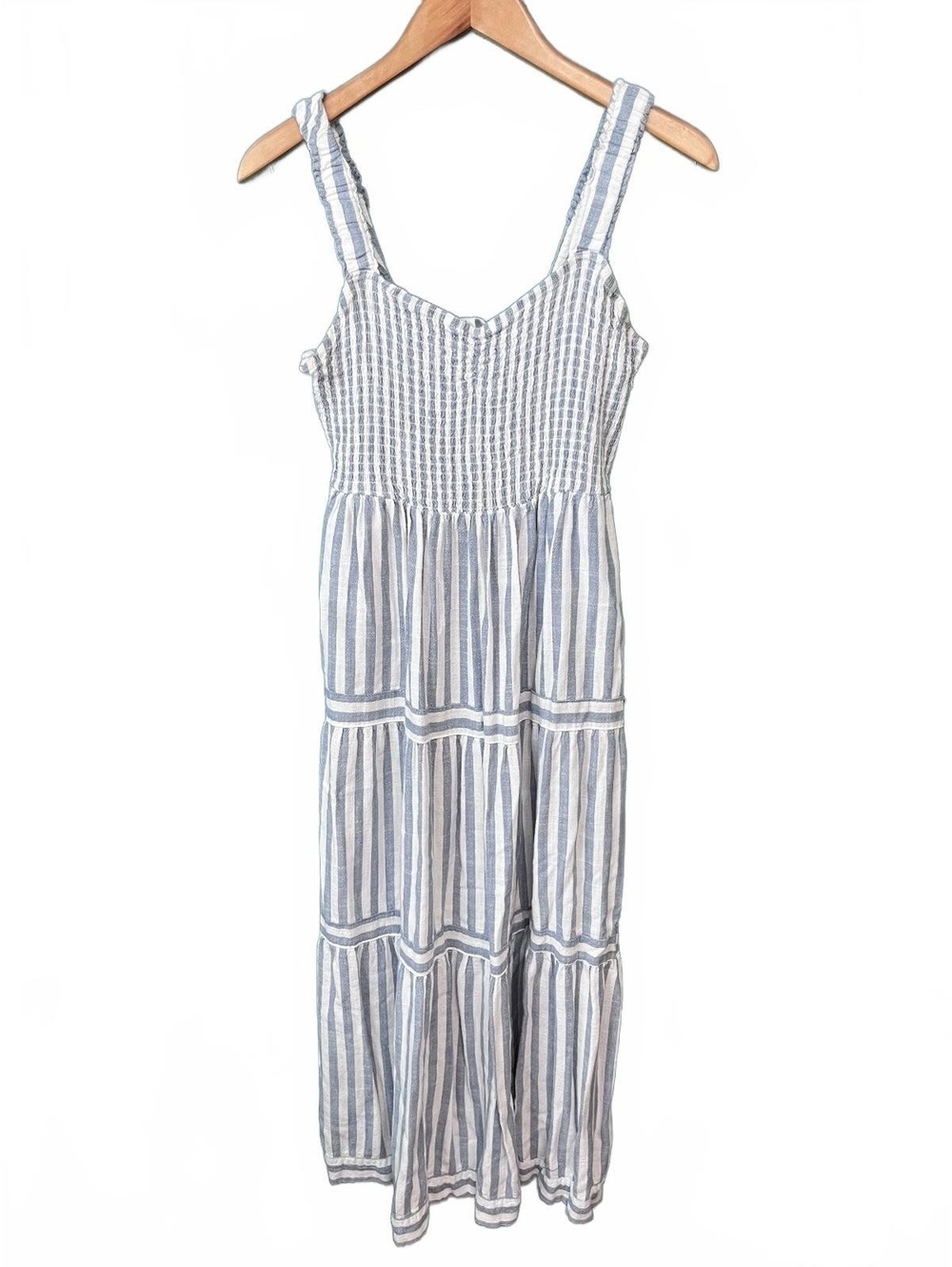 Market & Spruce Blue Striped Smocked Tiered Maxi Dress MP Petite Coastal Boho